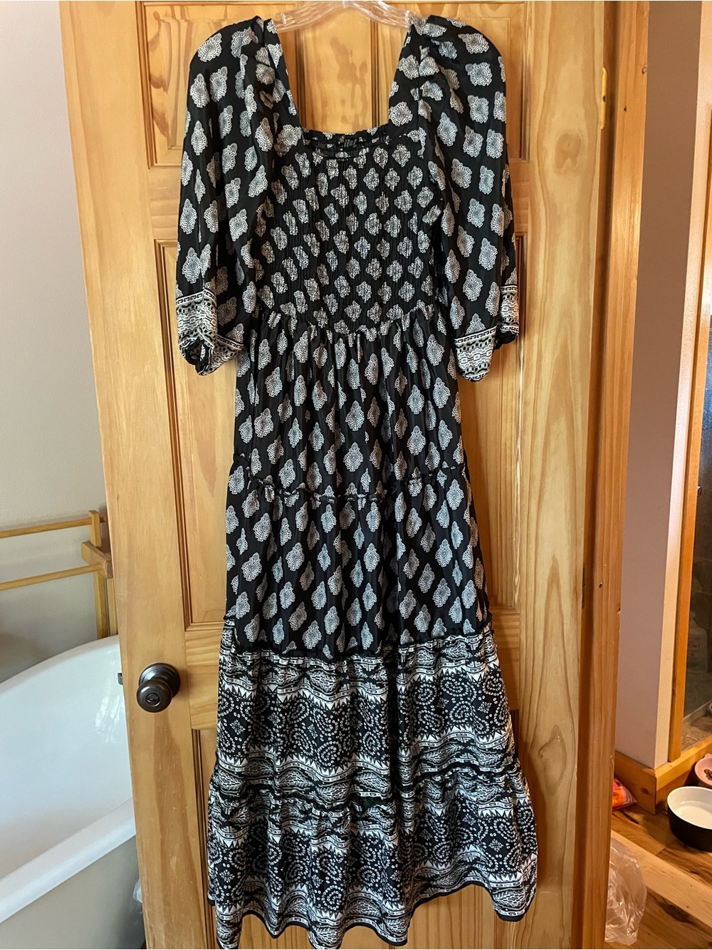 Black & White Printed Tiered Maxi Dress with Smocked Bodice